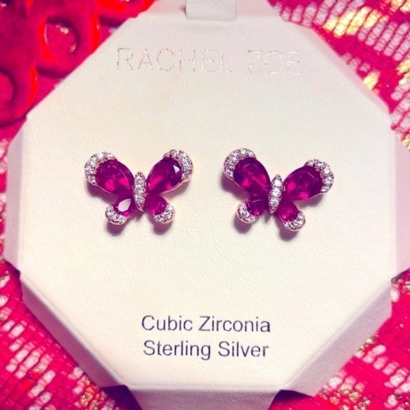 Brand New Rachel Zoe Sterling Silver Magenta Butterfly Post Earrings - Picture 4 of 12